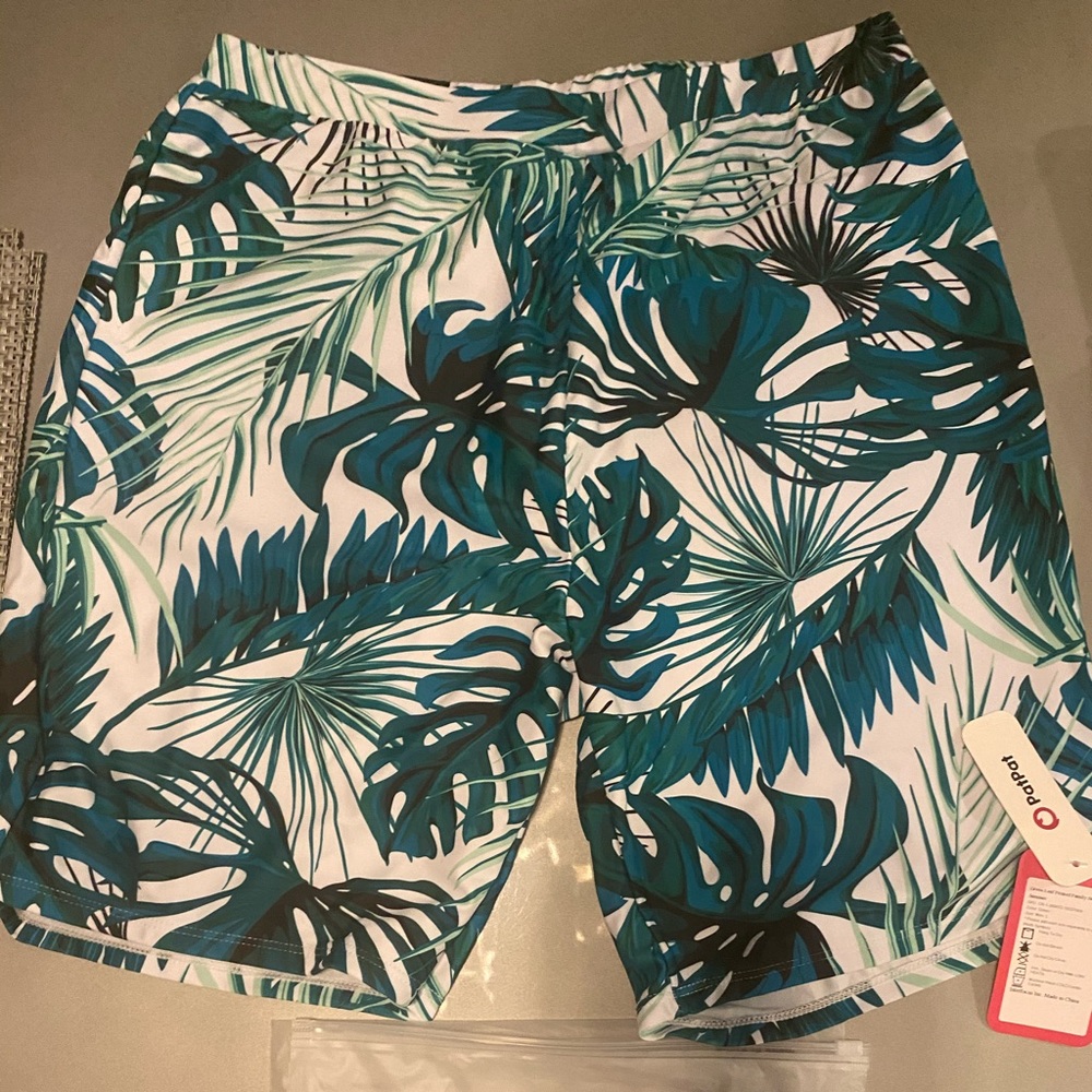 Green Leaf Printed Swim Trunks